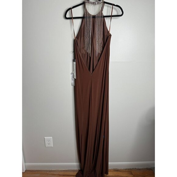 Mac Duggal IEENA 26518 Beaded Halter Neck Trumpet Gown Dress Chocolate Size 8 - Picture 7 of 10